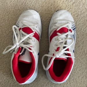 Red White and Blue Kyrie basketball shoes